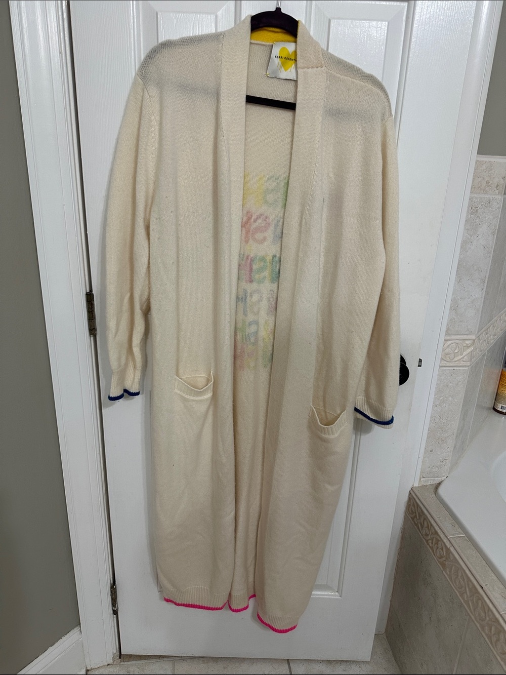 Kerri Rosenthal Cream Open-Front Long Cardigan with Contrast Trim